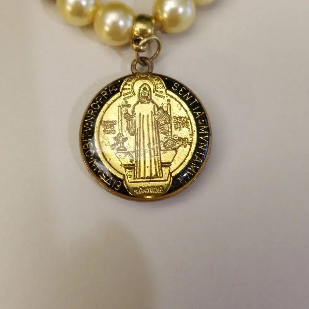 Handmade pearl and gold St.Benedict charm bracelet